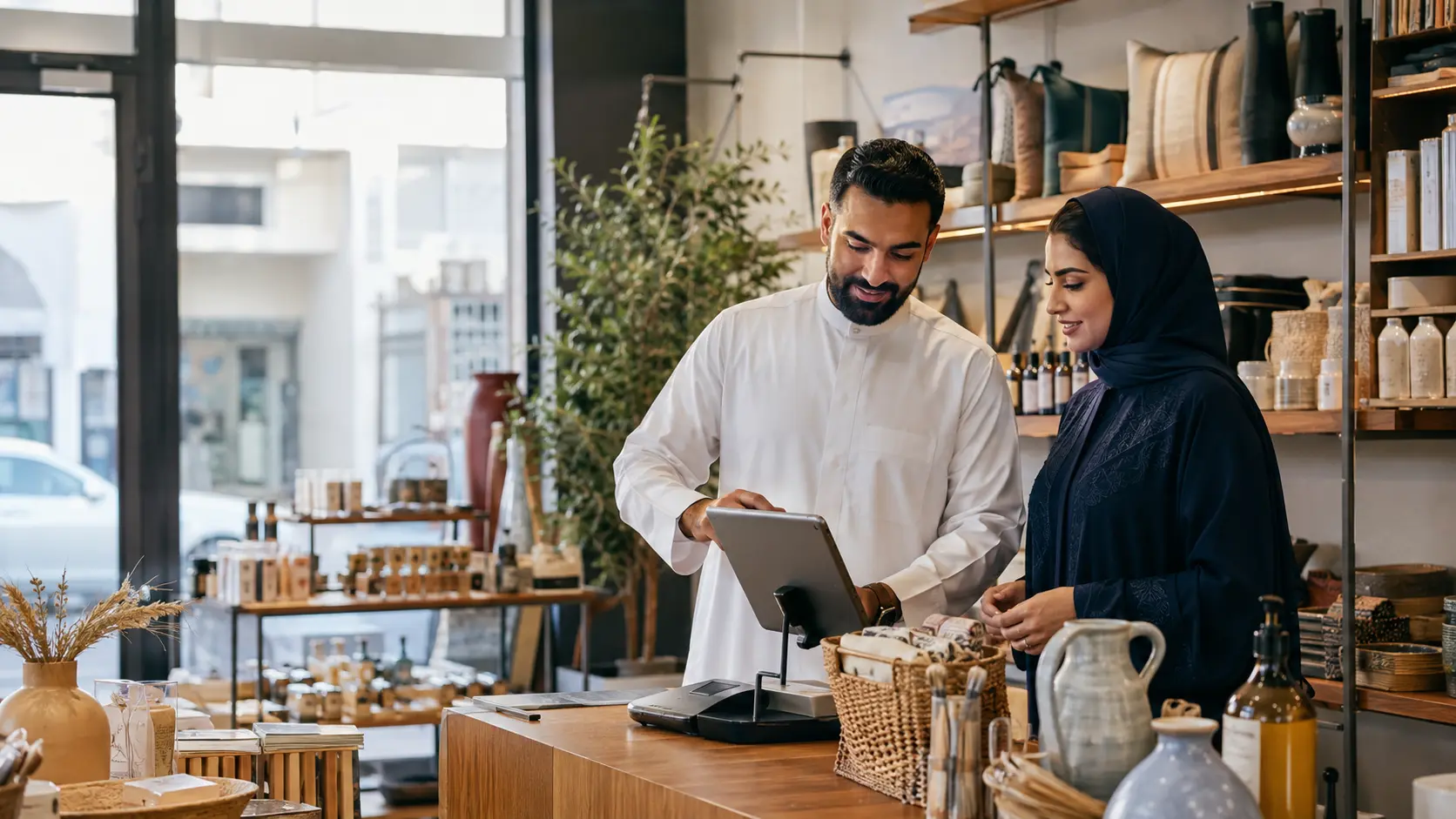 رجل وامرأة بحرينيان يعملان معًا داخل متجر محلي منظم
